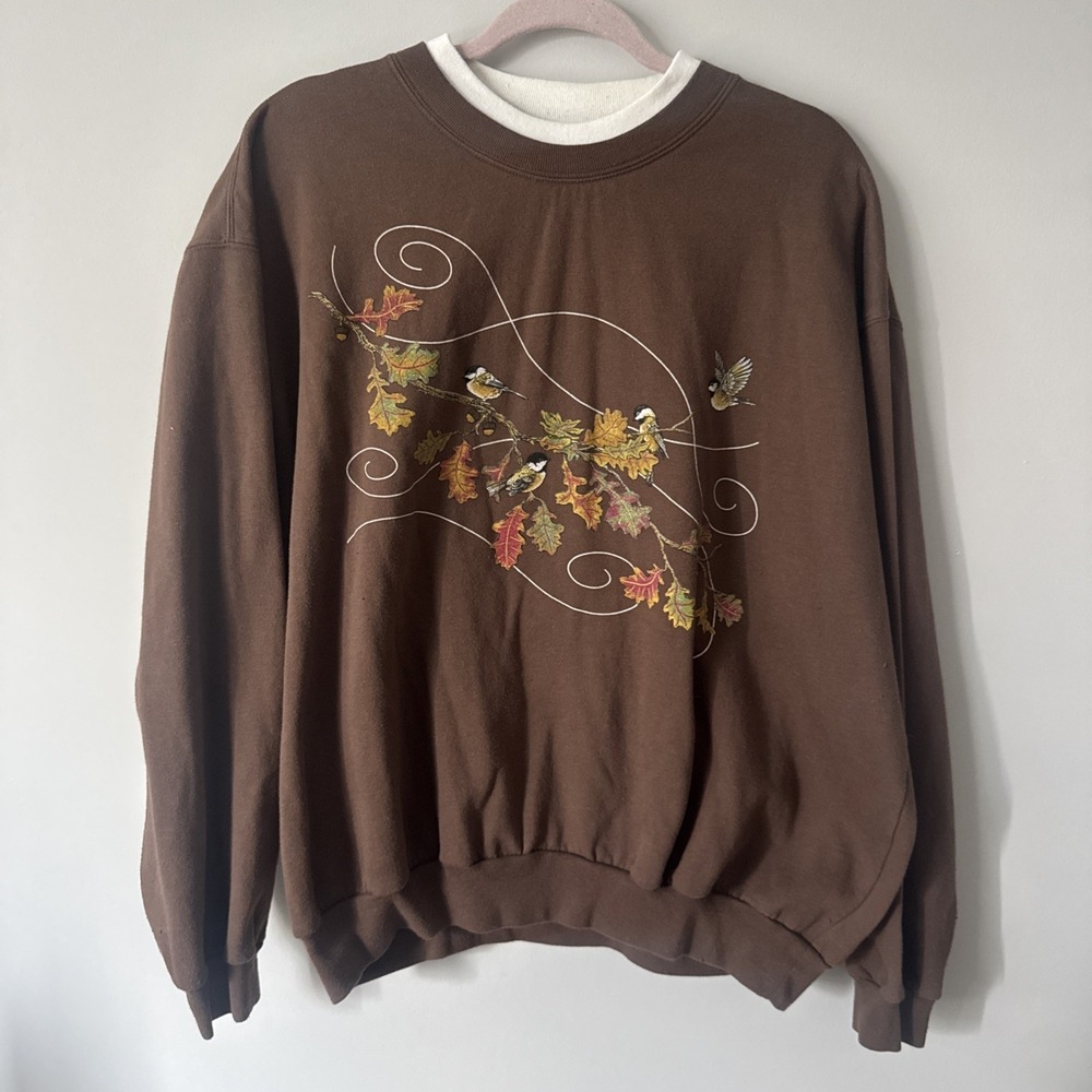 Decorated Originals Crewneck Sweatshirt Womens 2XL Brown Fall Leaves Birds
